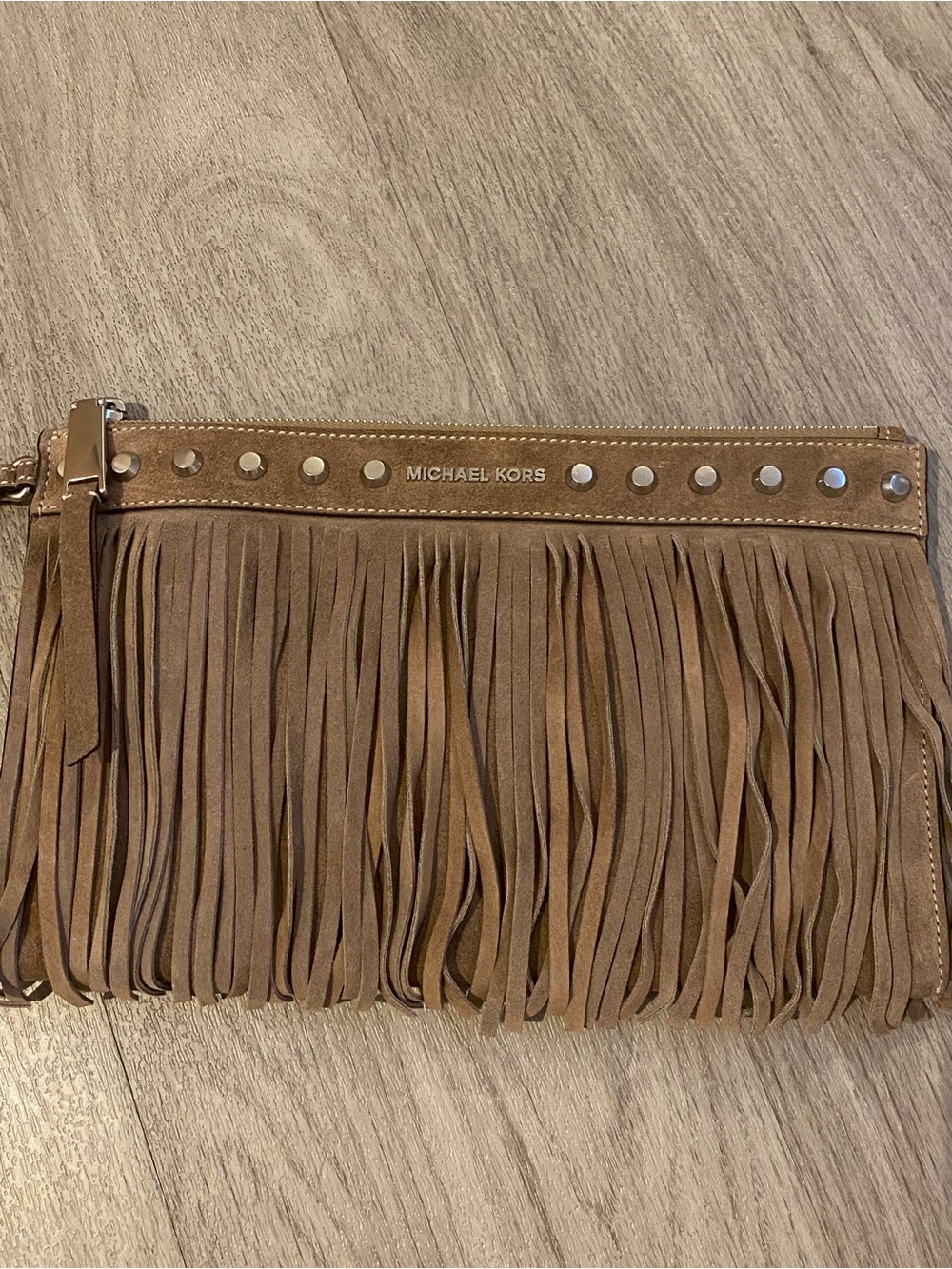 MICHAEL Michael Kors taupe fringe wristlet clutch